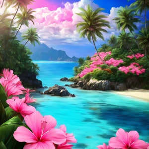 Playa tropical colorida, fondo 8k, descarga digital para lienzo, póster, fondo de pantalla y pantallas