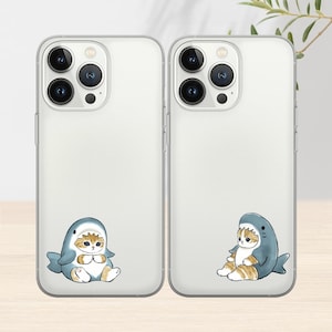 Custodia per telefono trasparente con gattini e squali, custodia per telefono con gatti abbinati, custodia per telefono con coppia per iPhone 15 Pro Max, 14, 12, 13, 11, Xs Max