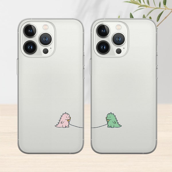 Transparent Cute Dinosaur Couple Phone Case, Matching Phone Cover Couple Phone Case for iPhone 15 Pro Max Phone Case for 14, 12, 13, 11, Xs