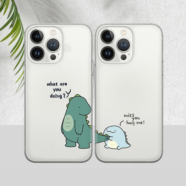 Transparent Cute Dinosaur Couple Phone Case, Matching Phone Cover Couple Phone Case for iPhone 15 Pro Max Phone Case for 14, 12, 13, 11, Xs