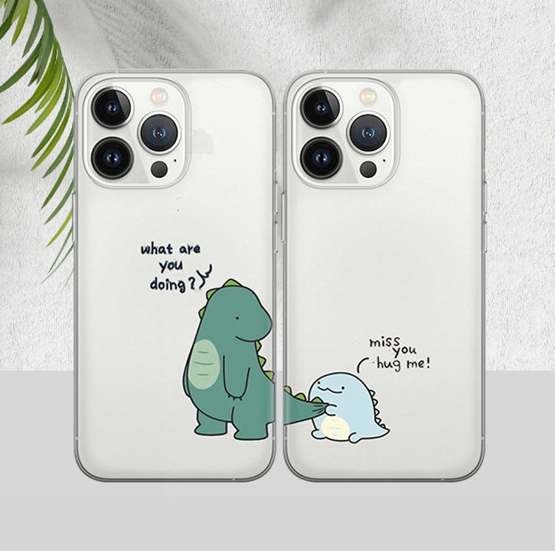 Transparent Cute Dinosaur Couple Phone Case, Matching Phone Cover Couple Phone Case for iPhone 15 Pro Max Phone Case for 14, 12, 13, 11, Xs image 1