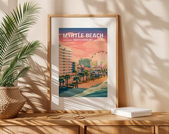 Op de afbeelding: Een kleurrijke illustratie van de skyline van Myrtle Beach, met een reuzenrad, strand en palmbomen. De tekst "Myrtle Beach, South Carolina" staat bovenaan de afbeelding.