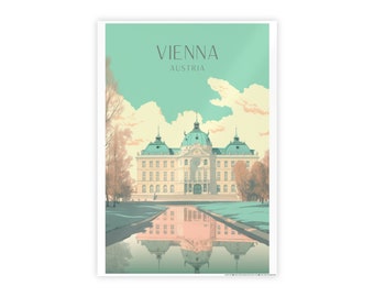 May include: A vintage travel poster featuring a stylized illustration of a palace with a reflection in a pond. The poster is in a teal, pink, and white color scheme and has the text "VIENNA AUSTRIA" at the top.