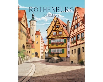 Rothenburg Art Deco Travel Print - German Village Poster, Germany Art, Europe Print, Wedding Present, Travel Gift, Birthday Gift