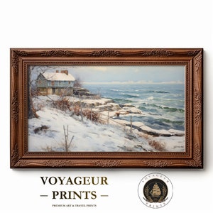 Póster de pintura al óleo de playa nevada de abrazo de invierno: tranquilidad costera en una escena serena de invierno, arte para decoración del hogar, decoración de la habitación, regalo