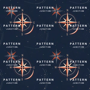 Könnte beinhalten: Ein sich wiederholendes Muster mit Kompassrosen-Designs in Orange und Weiß, vor einem dunkelblauen Hintergrund mit verstreuten Sternen. Der Text "PATTERN JUNCTION" ist ebenfalls vorhanden.