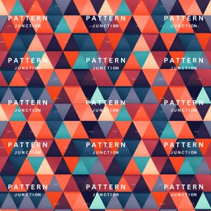 May include: Abstract geometric pattern with a repeating design of triangles in shades of red, orange, blue, teal, and purple. The pattern is seamless and can be used for a variety of design projects.