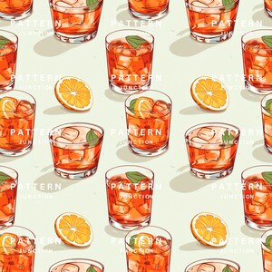 May include: A seamless pattern featuring a repeating design of orange slices and glasses of iced tea. The glasses are filled with ice cubes and a sprig of mint. The background is a light green color.