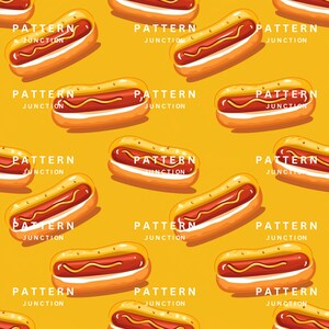 May include: A seamless pattern featuring a repeating design of hot dogs with mustard and ketchup on a yellow background. The text "PATTERN JUNCTION" is repeated throughout the pattern.