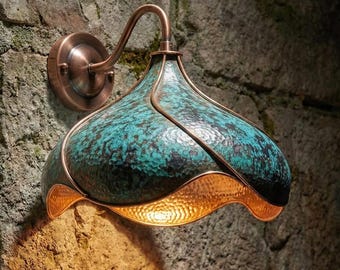 Handmade Copper Outdoor Wall Sconce, Blue Patina Finish