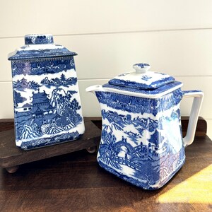 Vintage Ringtons Limited Tea Merchants White & Blue Ceramic Teapot and Biscuit Jar