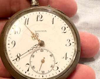 Antik - Schweizer - Minimax - 800 - Silber - Avance retard - Spiral-Berguet - 15 Rubis - Arbeits - Offen - Gesicht - Taschenuhr