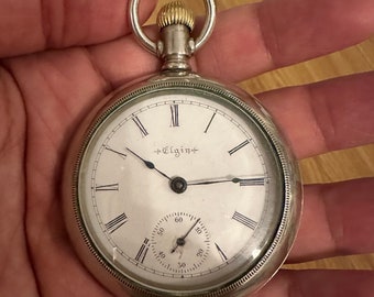 Antigüedad - Elgin - Illinois - en funcionamiento - reloj de bolsillo - 1895 - 15 joyas - Silveroid Runs