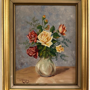 Original oil on canvas board painting roses painting framed multicolored roses in vase vintage floral oil painting