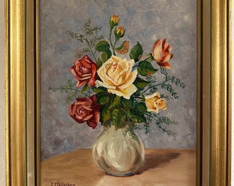 Original oil on canvas board painting roses painting framed multicolored roses in vase vintage floral oil painting