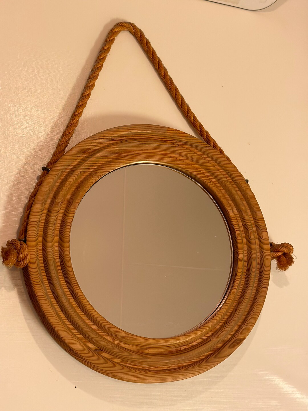 Vintage Round Wooden Wall Mirror Rope Hanging Swedish Etsy