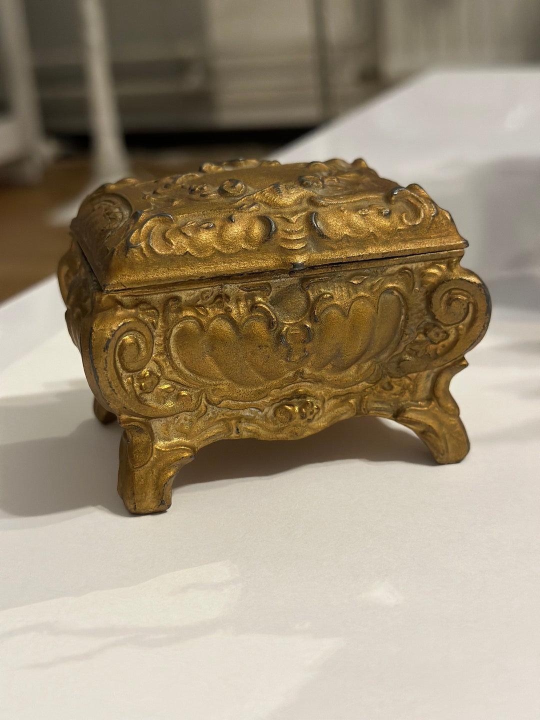 Antique Metal Jewelry Box Art Nouveau Jewelry Casket Footed Etsy