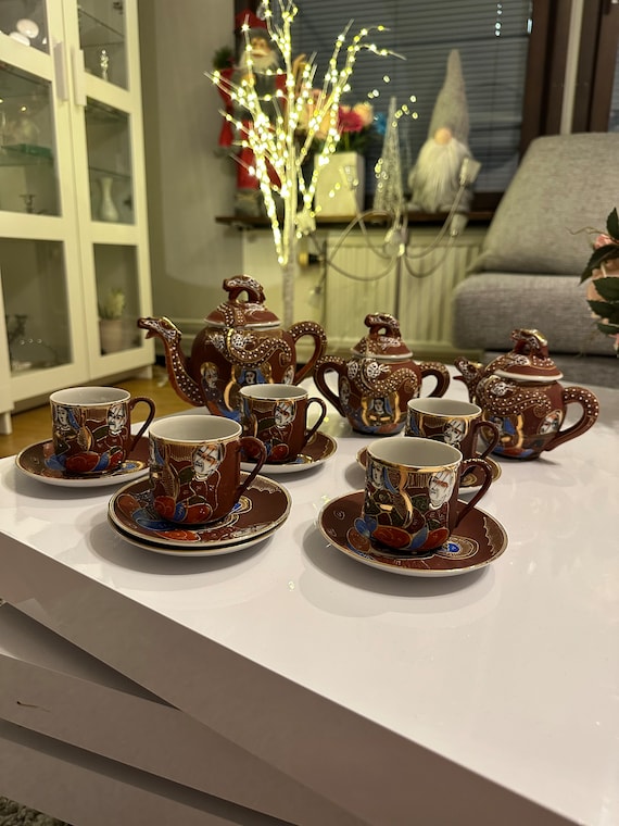 Antique Japan Satsuma Porcelain Tea Set, Geisha Lithophane, Mid