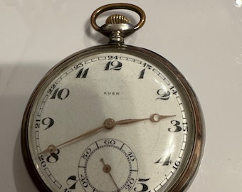 Vintage werkende Eden Zwitserse zakspiraal Breguet Qualite Extra .800 zilveren zakhorloge uit de jaren 1900, ancre levees 15 robijnen juwelen.