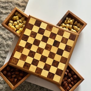 Vintage Wooden chess game, Handmade Moroccan Thuya chess game , chessboard in thuya 4 organisation cases.