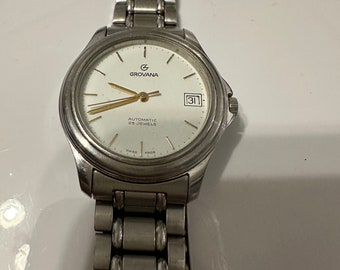 Vintage Grovana Automatic Swiss 25 jewels w/date men’s wrist watch runs well stainless case