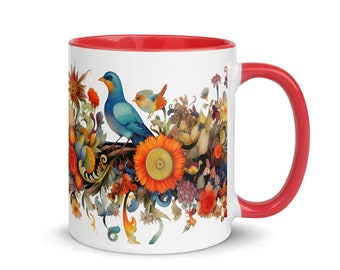 Gorgeous Bird and Pretty Flowers Ceramic Mug - Perfect Gift for Nature Enthusiasts - Customizable Color - Floral Mug - FLower Mug - Bird Mug