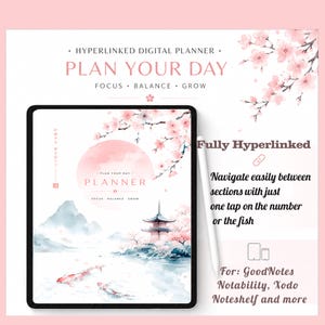 May include: A digital tablet displaying a hyperlinked planner with a watercolor design featuring cherry blossoms, a pagoda, and koi fish. The screen shows the text Plan Your Day, Focus, Balance, Grow. A white stylus rests beside the tablet.