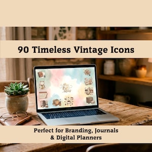 Puede incluir: Una computadora portátil muestra 90 iconos vintage, perfectos para branding, diarios y planificadores digitales. La pantalla muestra varias ilustraciones, incluyendo un libro, un timón y un gato de la suerte. El texto en la parte superior dice "90 iconos vintage atemporales."