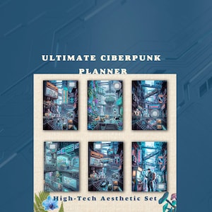Puede incluir: Un conjunto de seis imágenes con temática cyberpunk, que muestran paisajes urbanos futuristas con letreros de neón y arquitectura detallada. Se muestra el texto "ULTIMATE CYBERPUNK PLANNER" y "High-Tech Aesthetic Set". La estética general es de alta tecnología.