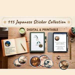 Puede incluir: Una colección de 115 pegatinas de temática japonesa, presentada con un cuaderno, una tableta y té matcha. Las pegatinas presentan ilustraciones de escenas, comida y arte japoneses tradicionales. El texto "DIGITAL & PRINTABLE" es visible.