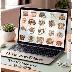Puede incluir: Una computadora portátil muestra una colección de iconos de aplicaciones de estilo vintage, incluidas aplicaciones de redes sociales y productividad. La pantalla dice "75 Timeless Folders: The Vintage Icon Collection". También se ve una suculenta en una maceta blanca y auriculares inalámbricos.