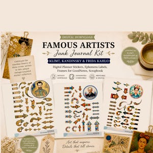 Famous Artists Junk Journal Kit: Klimt, Kandinsky, Frida Kahlo | Digital Planner Stickers, Ephemera Labels, Frames for GoodNotes, Scrapbook