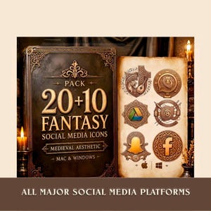 Puede incluir: Un paquete de productos digitales con 20+10 iconos de redes sociales de fantasía con una estética medieval. La portada es marrón oscuro con letras doradas y diseños ornamentados. Para Mac y Windows.