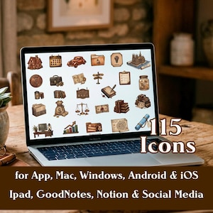 Puede incluir: Una computadora portátil muestra 115 iconos de estilo vintage, incluyendo una casa, un coche y libros. La pantalla está sobre una mesa de madera con una planta y gafas. El texto debajo dice "for App, Mac, Windows, Android & iOS, Ipad, GoodNotes, Notion & Social Media."