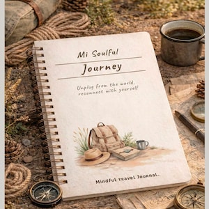 Puede incluir: Un diario encuadernado en espiral con el título "Mi Soulful Journey" y el texto "Desconéctate del mundo, reconecta contigo mismo". La portada presenta una ilustración de acuarela de una mochila, un sombrero y una taza de café. También se ve una brújula y una taza de café.
