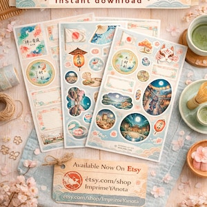 Puede incluir: Hojas de pegatinas japonesas con ilustraciones de temática japonesa. Las hojas incluyen imágenes de banderas, linternas, paisajes y una máscara de zorro. El texto de las hojas dice "Cute Japanese Stickers" e "Instant download". También se ve una tarjeta con el texto "Available Now On Etsy".