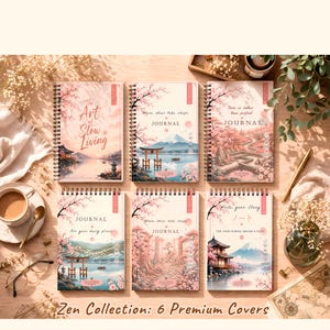 Puede incluir: Colección de seis diarios con espiral y cubiertas únicas. Cada diario presenta un paisaje de inspiración japonesa diferente en tonos rosa, blanco y azul. Las portadas incluyen frases como "The Art of Slow Living" y "Write your Story".