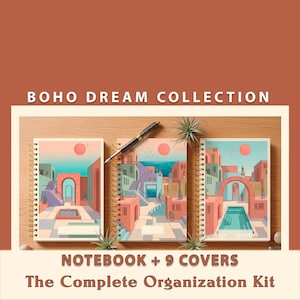 Puede incluir: Tres cuadernos con espiral con ilustraciones coloridas de arquitectura mediterránea. Los cuadernos forman parte de la "BOHO DREAM COLLECTION" e incluyen el texto "NOTEBOOK + 9 COVERS" y "The Complete Organization Kit."