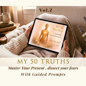 Puede incluir: Una tableta muestra la portada de "MY 50 TRUTHS, Vol. 2", un diario de autodescubrimiento. La imagen presenta a una mujer con un centro brillante, con el texto "Master Your Present, dissect your fears With Guided Prompts."