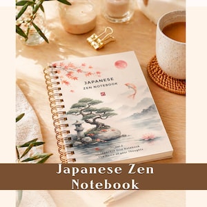 Puede incluir: Un cuaderno japonés Zen con espiral y una serena ilustración de paisaje. La portada presenta un bonsái, un sol rojo y un pez koi. El título del cuaderno se muestra en una fuente limpia y moderna.