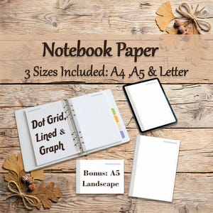 Puede incluir: Papel de cuaderno con opciones de cuadrícula de puntos, rayado y gráfico. Incluye tamaños A4, A5 y Carta. Un cuaderno blanco está abierto, mostrando el papel de cuadrícula de puntos. También se muestra un bloc de papel rayado separado y una tableta.