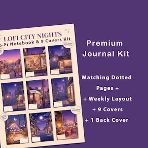 Puede incluir: Un kit de diario premium con un fondo púrpura. El kit incluye un cuaderno y nueve portadas, cada una con una escena de paisaje urbano de estilo anime diferente. El texto de la imagen dice "LOFI CITY NIGHTS" y "Premium Journal Kit."