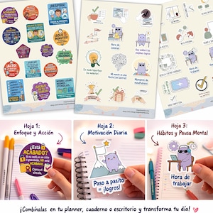 Puede incluir: Un conjunto de seis hojas de pegatinas con temas motivacionales y organizativos. Las pegatinas presentan ilustraciones y texto coloridos, incluyendo frases como "Respira", "Concéntrate" y "Tómate un descanso".