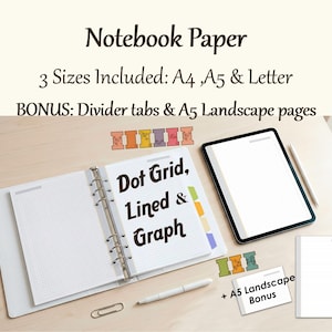 Puede incluir: Papel de cuaderno con opciones de cuadrícula de puntos, rayado y gráfico. Incluye tamaños A4, A5 y Carta, además de pestañas divisorias y páginas A5 apaisadas. Un cuaderno abierto muestra papel de cuadrícula de puntos. También se ven una tableta y un bolígrafo.