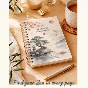 Puede incluir: Un cuaderno japonés Zen con espiral con un diseño de paisaje sereno que presenta un bonsái, peces koi y un sol rojo. La portada dice "Japanese Zen Notebook" y "The Home of your Thoughts". Un bolígrafo descansa junto al cuaderno.