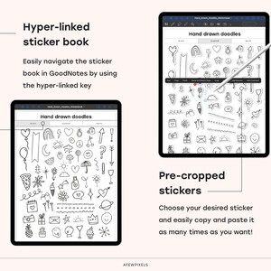 Pode incluir: Um livro de adesivos digital com uma variedade de rabiscos desenhados &agrave; m&atilde;o, incluindo cora&ccedil;&otilde;es, estrelas, flechas e muito mais. Os adesivos s&atilde;o pr&eacute;-cortados e prontos para serem copiados e colados no GoodNotes.