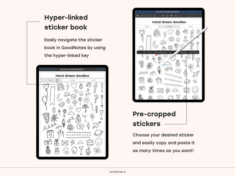 Pode incluir: Um livro de adesivos digital com uma variedade de rabiscos desenhados &agrave; m&atilde;o, incluindo cora&ccedil;&otilde;es, estrelas, flechas e muito mais. Os adesivos s&atilde;o pr&eacute;-cortados e prontos para serem copiados e colados no GoodNotes.