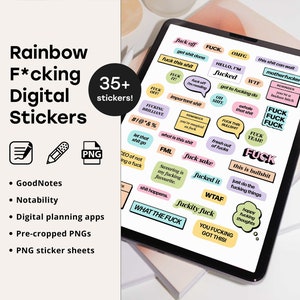 May include: A digital tablet displays a collection of colorful digital stickers with various expletive phrases. The stickers are in different shapes and sizes, with text like "FUCK," "WTF," and "This is bullshit." The image also includes text that says "Rainbow F*cking Digital Stickers."