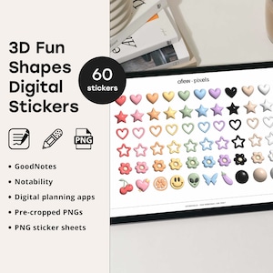 Set of 60 3D Digital Sticker Shapes for iPad Tablet GoodNotes Notability Planners