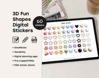 Conjunto de 60 formatos de adesivos digitais 3D para planejadores de notabilidade GoodNotes de tablet iPad